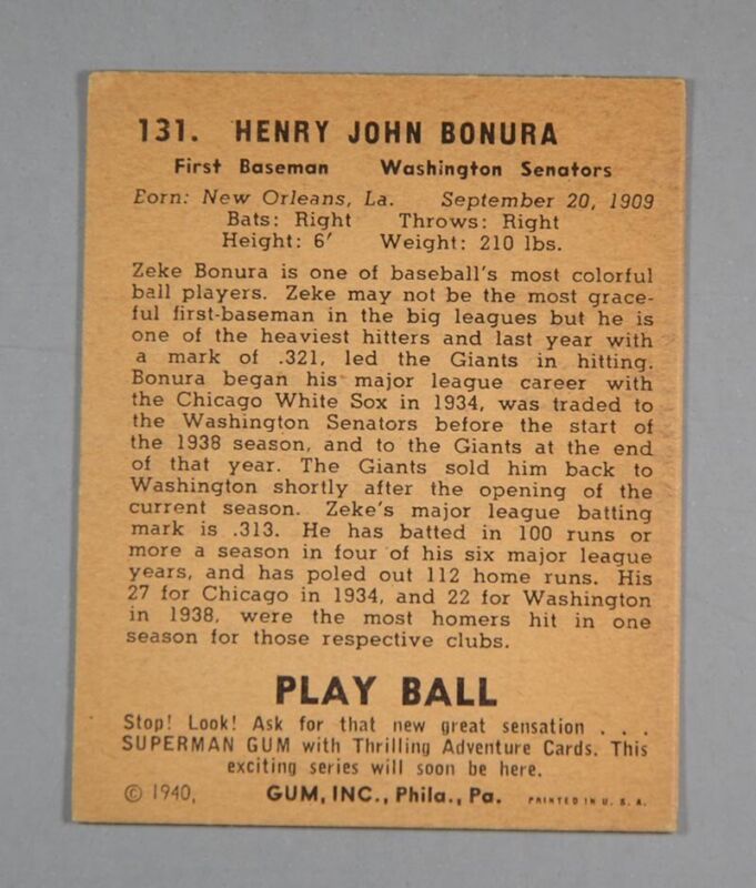 1940 Play Ball #131 Henry “Zeke” Bonura  EX