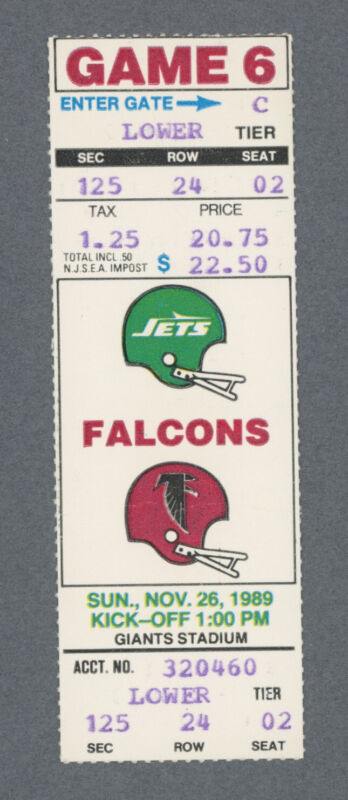 11/26/89 • Atlanta Falcons vs New York Jets • NFL FULL Unused Ticket