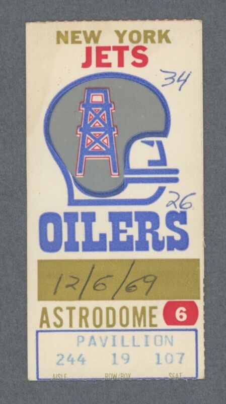 12/6/69 New York Jets vs Houston Oilers at the Astrodome AFL Ticket Stub