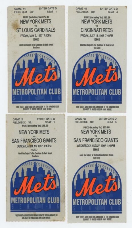 Lot of 4 Different 1997 New York Mets HOME Ticket Stubs 4/13 5/2 7/18 8/27