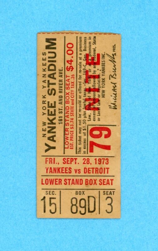 Sept 28, 1973 Ticket Stub New Yankees vs. Detroit • Murcer Homerun