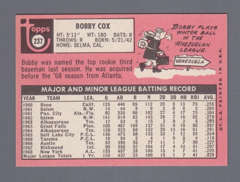 1969 Topps Bobby Cox Rookie  #237 NM O/C - His Only Topps Player Card