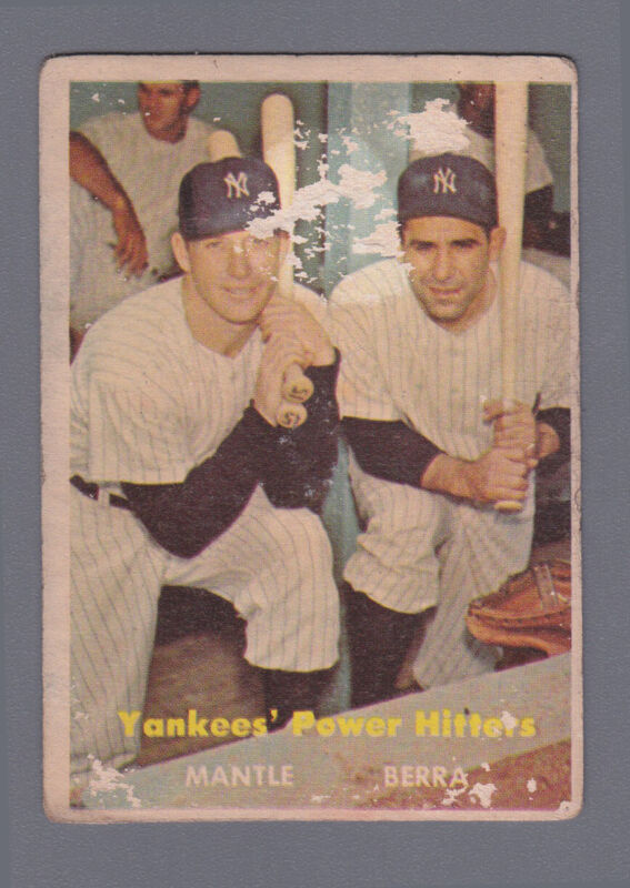 1957 Topps Card #407 Mickey Mantle & Yogi Berra Yankee Power Hitters - Low Grade