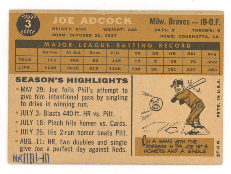 Joe Adcock Signed 1960 Topps Card #3 Auto w B&E Hologram*