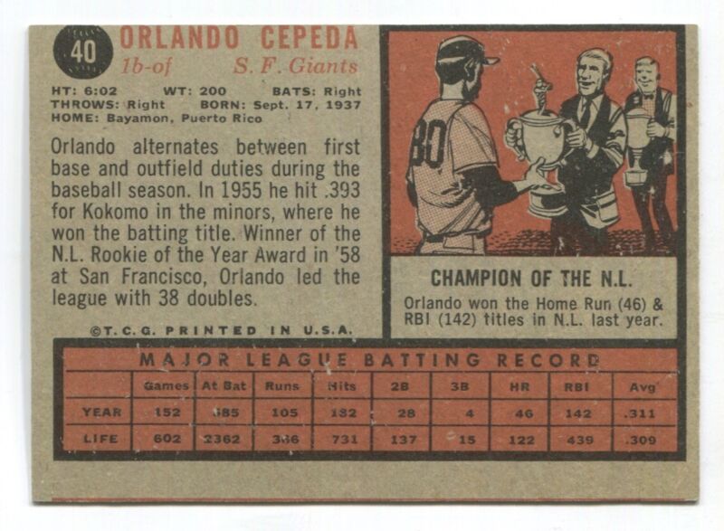 1962 Topps #40 Orlando Cepeda NRMT o/c