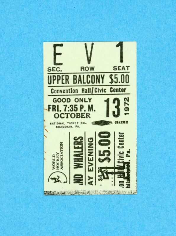 Oct. 13, 1972 Ticket Stub WHA New England Whalers • Their 1st Game Ever