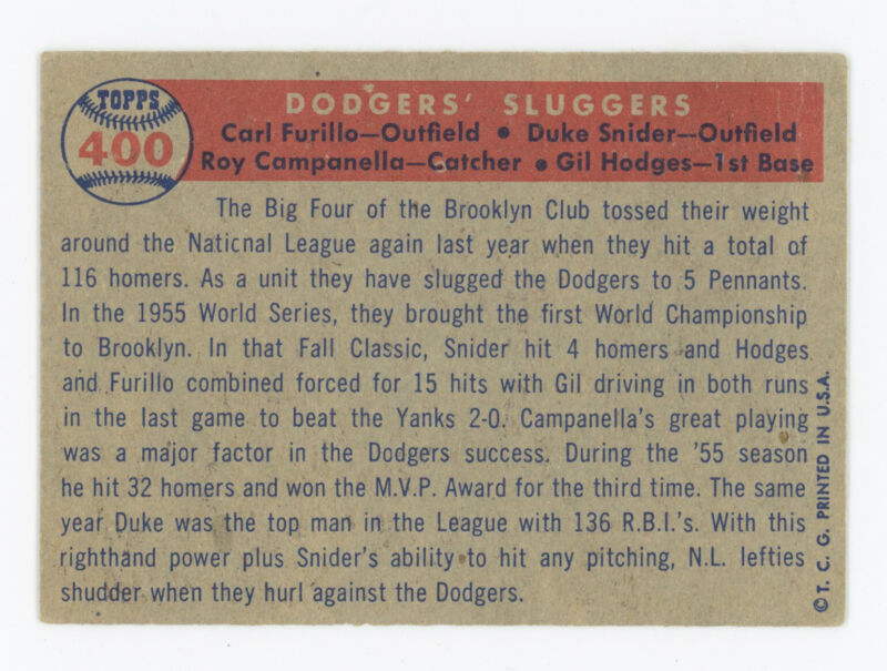 Dodgers Sluggers 1957 Topps Card #400 Low Grade - Snider, Hodges, Campy, Furillo