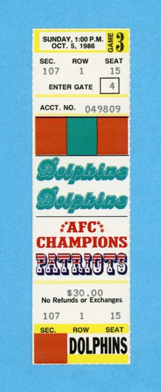 10/5/86 Miami Dolphins at New England Patriots Full Ticket