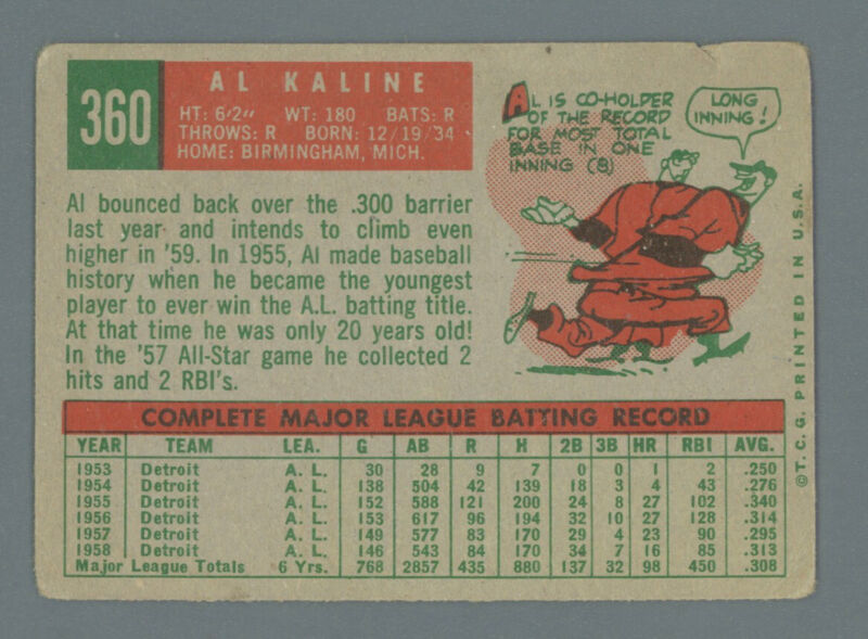 1959 Topps Card #360 Al Kaline - Low Grade