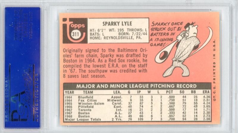  1969 Topps Sparky Lyle #311 PSA 4 VG-EX