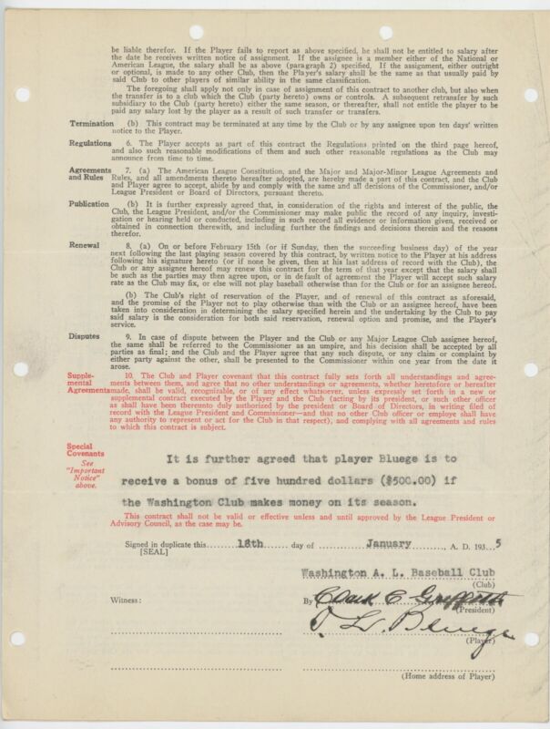 1935 MLB Player Contract Signed by Clark Griffith and O.L. Bluege