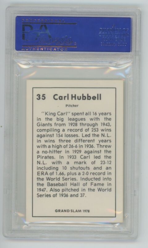 Carl Hubbell Signed 1978 Grand Slam Auto Card PSA/DNA Slabbed