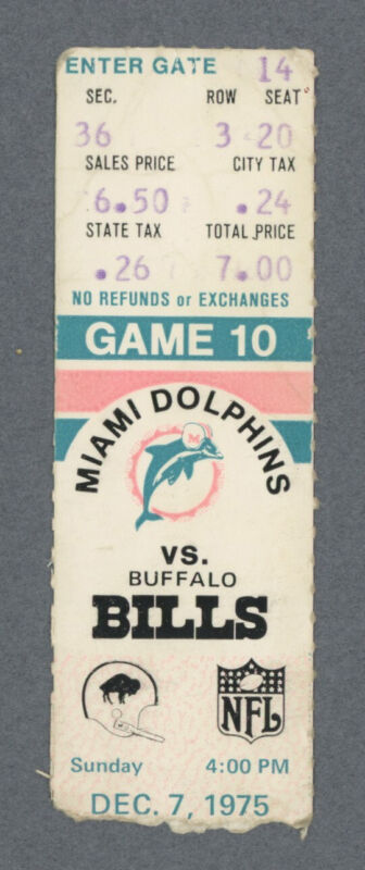 12/7/75 • Buffalo Bills vs Miami Dolphins • NFL Ticket Stub