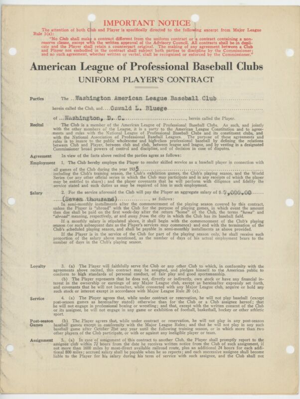 1935 MLB Player Contract Signed by Clark Griffith and O.L. Bluege