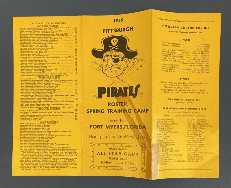 1959 Pittsburgh Pirates Spring Training Roster Brochure with Clemente - taped