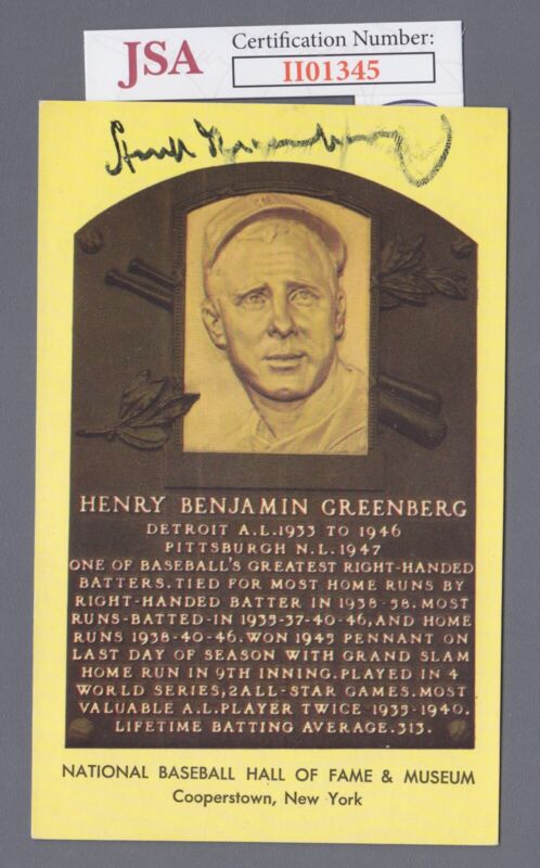 Hank Greenberg Tigers Signed Yellow Hall of Fame Plaque Postcard JSA Cert 345