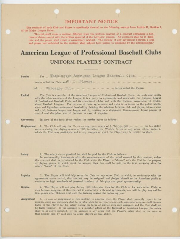 1925 MLB Player O.L. Bluege's Contract Signed by Clark Griffith