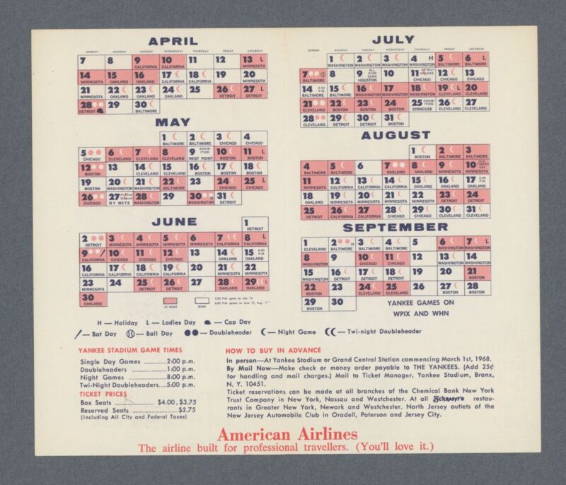 1968 NY Yankees 4 page Schedule