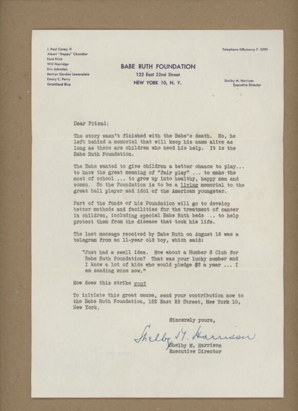 Original 1948 Babe Ruth Foundation Letter - helping children with cancer