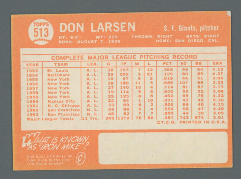 Don Larsen Signed 1964 Topps Card #513 Auto w B&E Hologram*