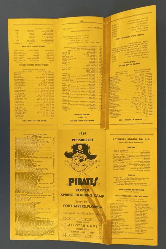 1959 Pittsburgh Pirates Spring Training Roster Brochure with Clemente - taped