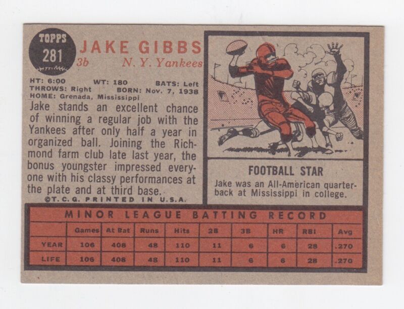 1962 Topps Jake Gibbs Signed Card #281 Auto with B&E Hologram