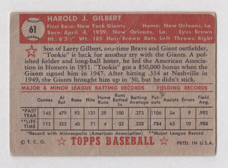 Tookie Gilbert Giants 1952 Topps Card #61 F-G