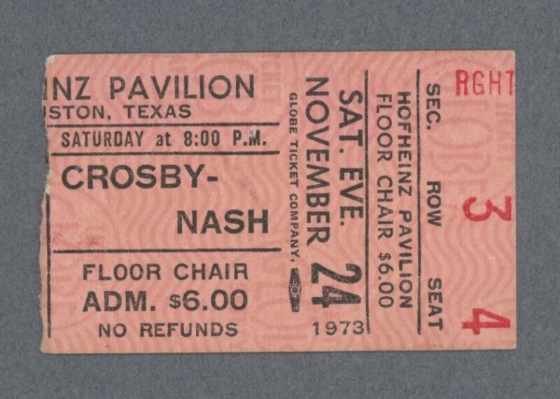 11/24/73 Crosby & Nash • Houston TX Concert Ticket Stub