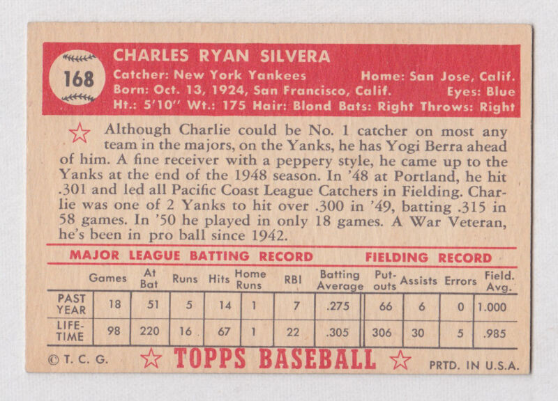 Charlie Silvera Yankees 1952 Topps Card #168 EX o/c Rookie