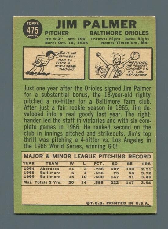 1967 Topps #475 Jim Palmer EX o/c