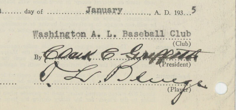 1935 MLB Player Contract Signed by Clark Griffith and O.L. Bluege