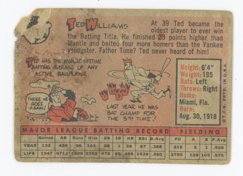 Ted Williams 1958 Topps Card #1 - Low Grade