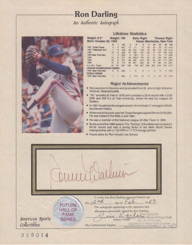 Ron Darling Full Signature Signed  8x10 Stat Sheet Auto with B&E Hologram