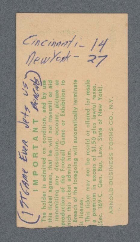 12/8/68 • Cincinnati Bengals vs New York Jets AFL Ticket Stub