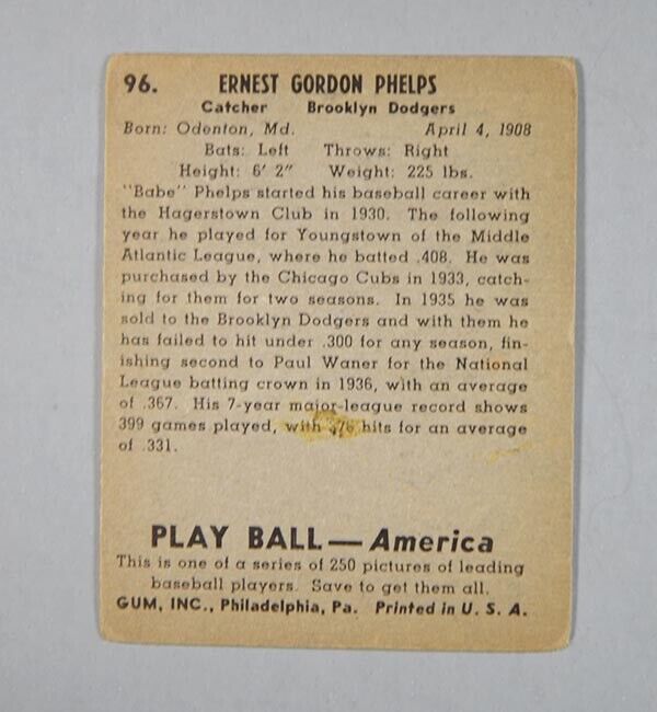 1939 Play Ball #96 Ernest Gordon Phelps VG