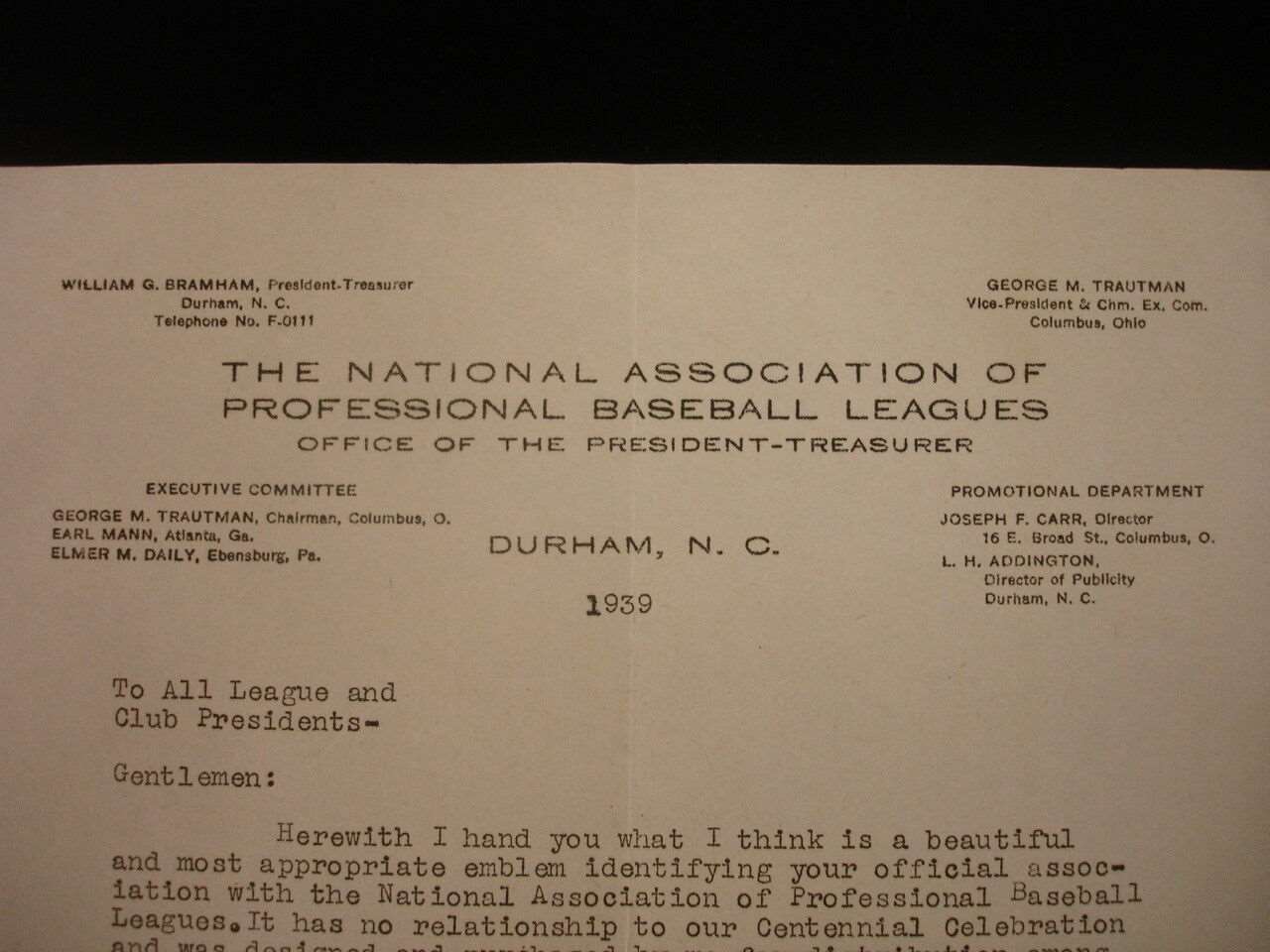 1939 National Association of Professional Baseball Leagues Letter & Emblem 