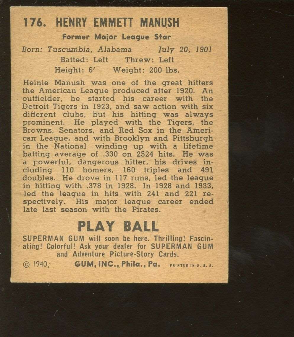 1940 Playball Baseball Card #176 HOFER Heine Manush EX+