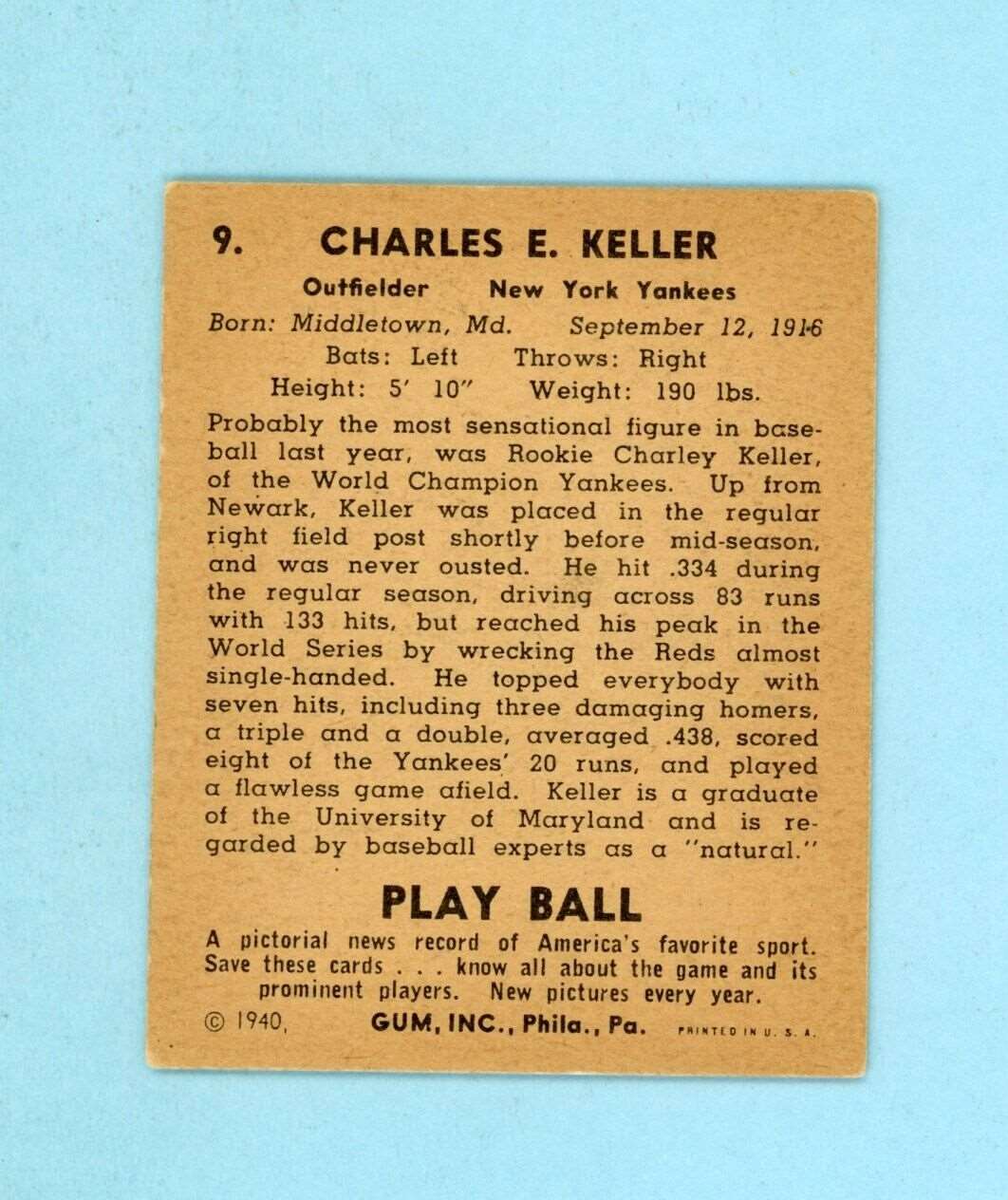 1940 Play Ball #9 Charlie Keller New York Yankees Baseball Card EX - EX+