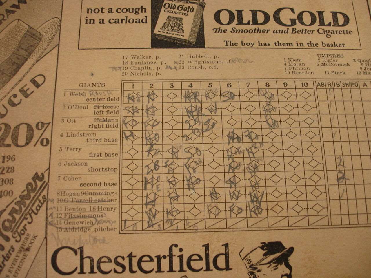 1928 NY Giants Baseball Program vs Cincinnati Reds EX Scored Mel Ott Bill Terry