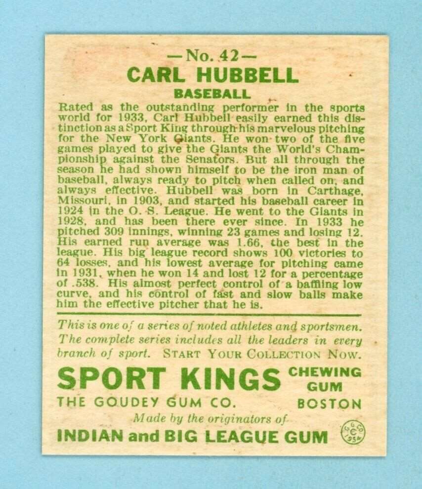 1933 Sport Kings #42 Carl Hubbell New York Giants Baseball Card TRIMMED