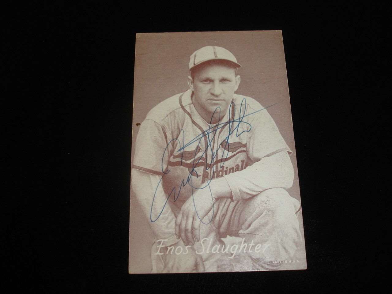 1947-66 Signed Baseball Exhibit Card-Enos Slaughter-SL Cardinals-B&E Hologram