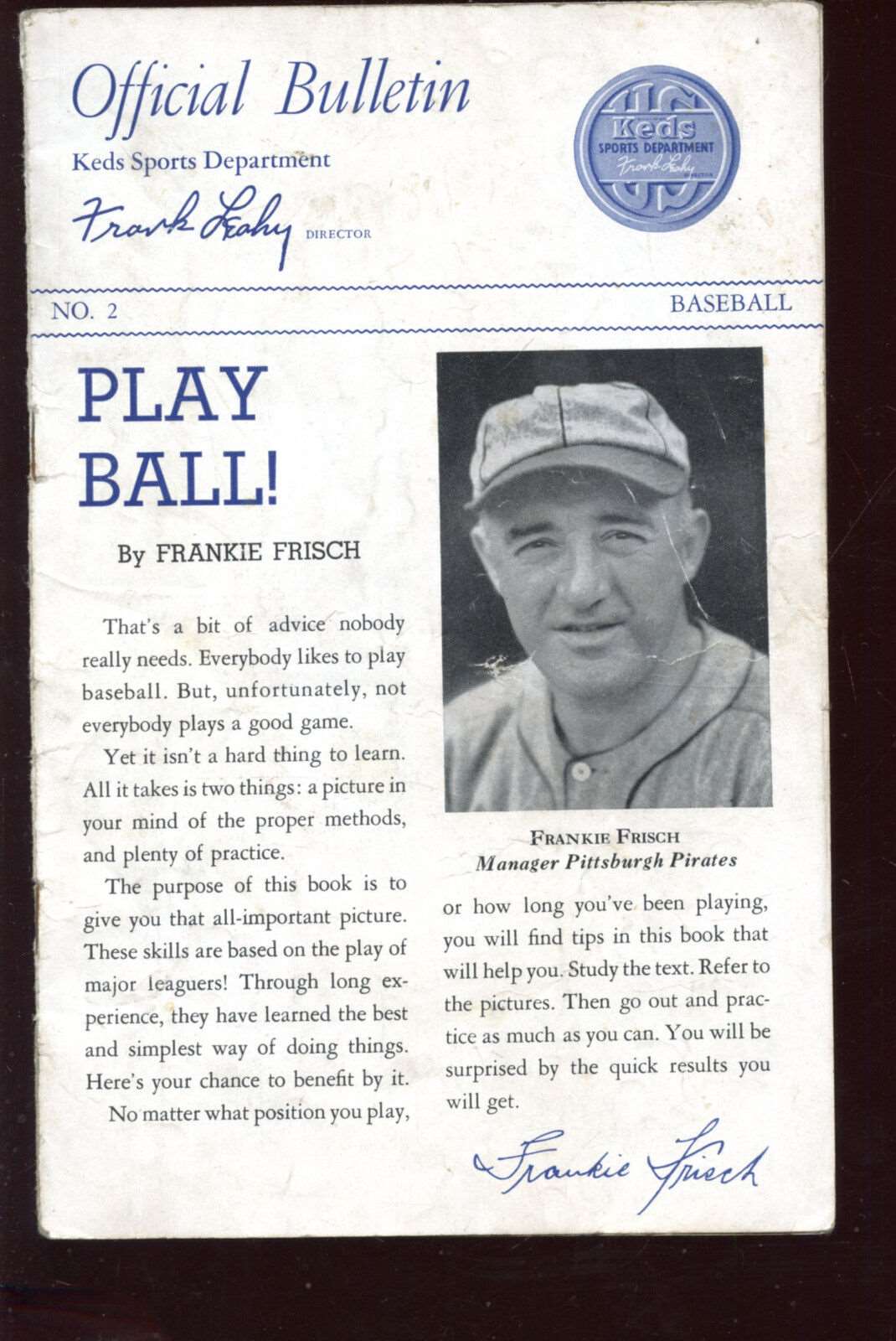 1940's Keds Baseball Booklet Play Ball Frankie Frisch