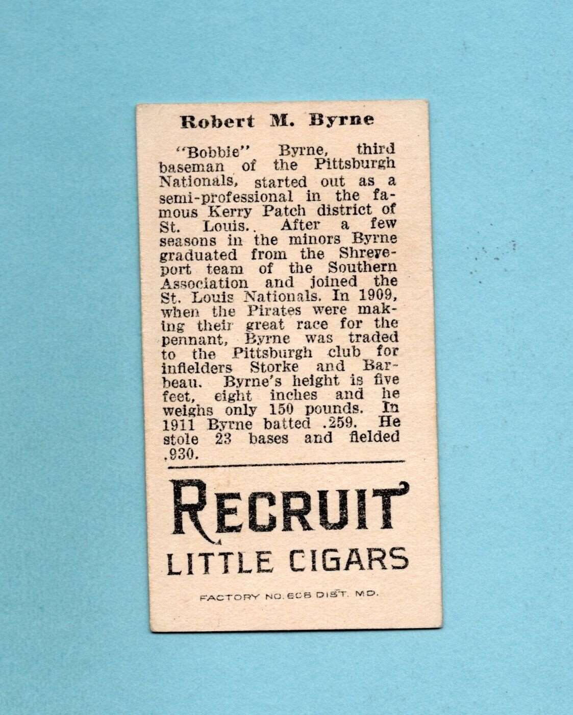 1912 T207 Brown Background Robert M. Byrne Pittsburg Pirates Baseball Card