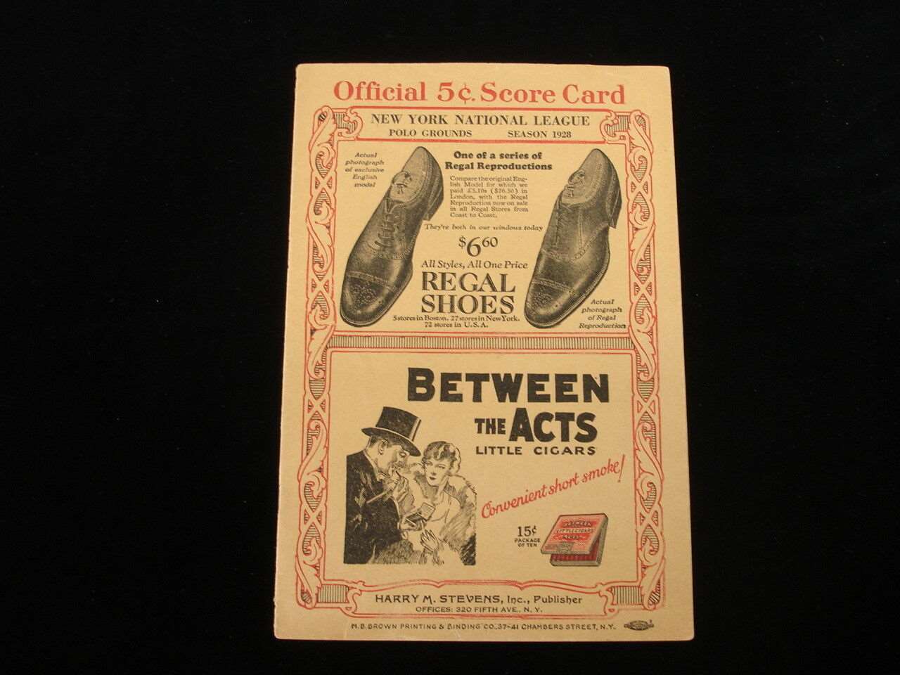 1928 NY Giants Baseball Program vs Cincinnati Reds EX Scored Mel Ott Bill Terry