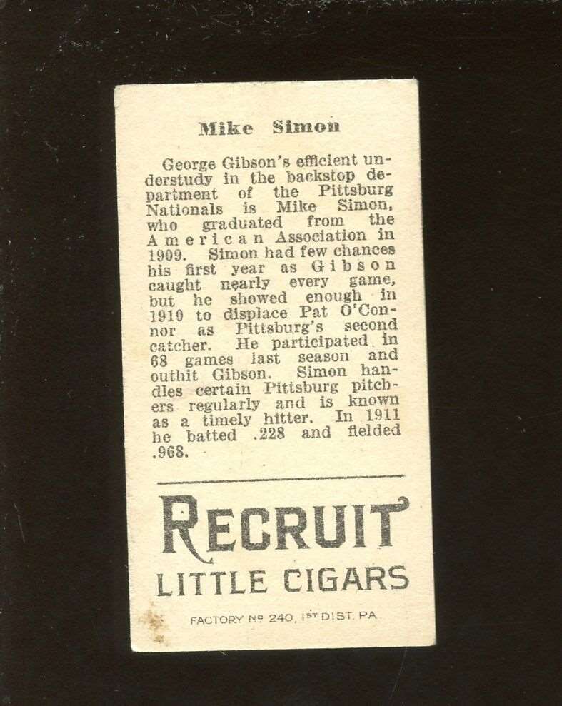 1912 T207 Recruit Brown Background Baseball Card Mike Simon EX+