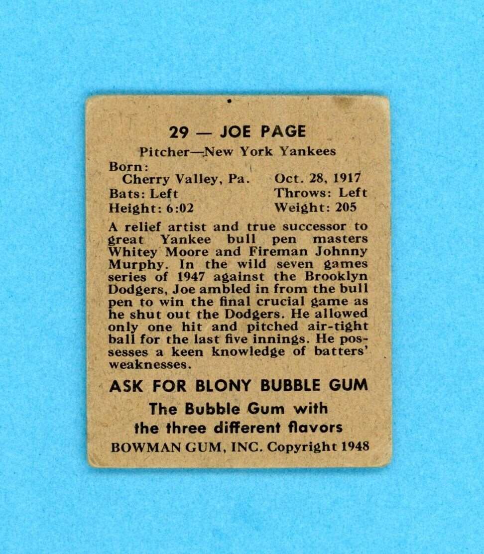 1948 Bowman #29 Joe Page New York Yankees Rookie Baseball Card Low Grade