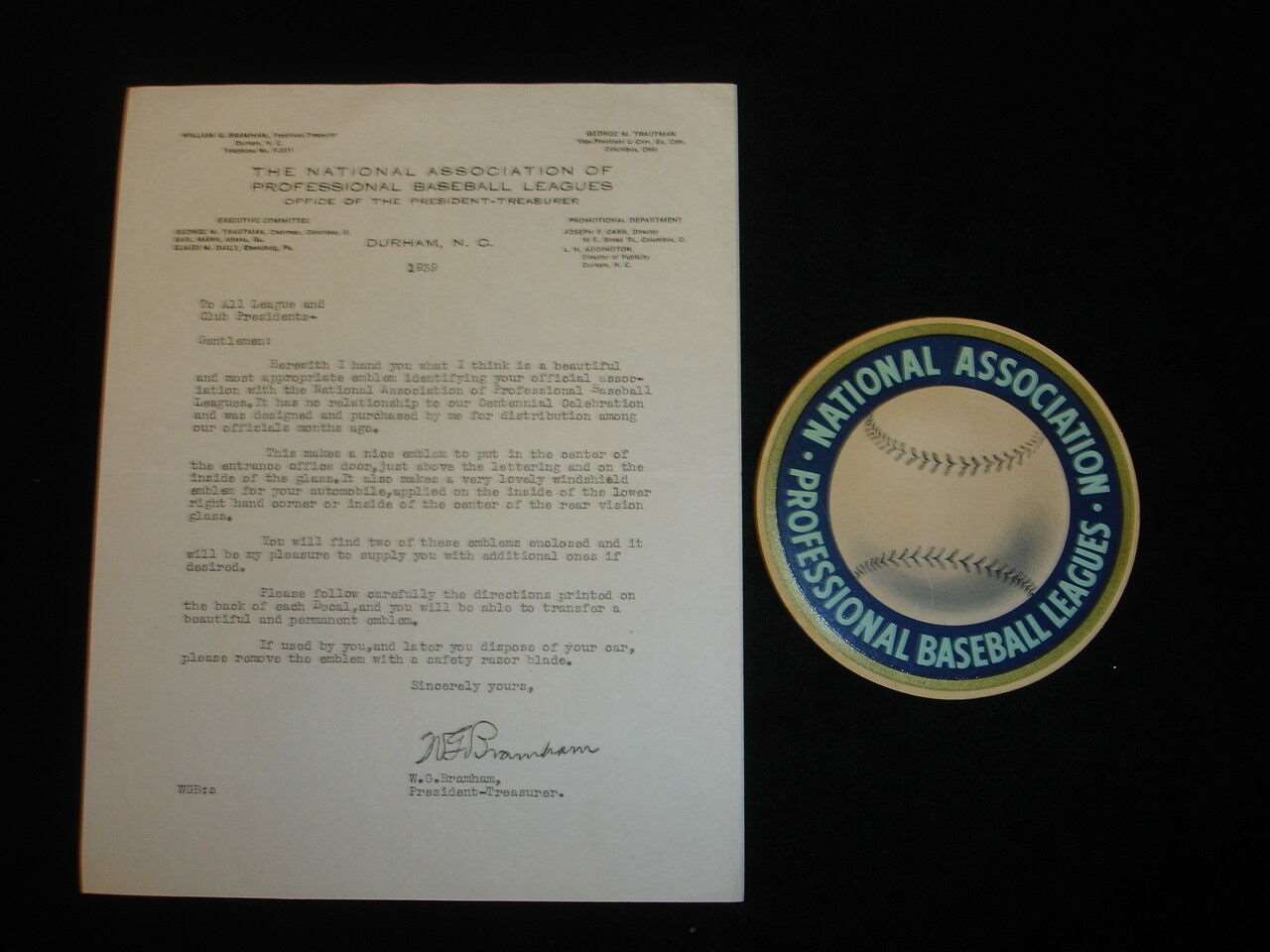 1939 National Association of Professional Baseball Leagues Letter & Emblem 