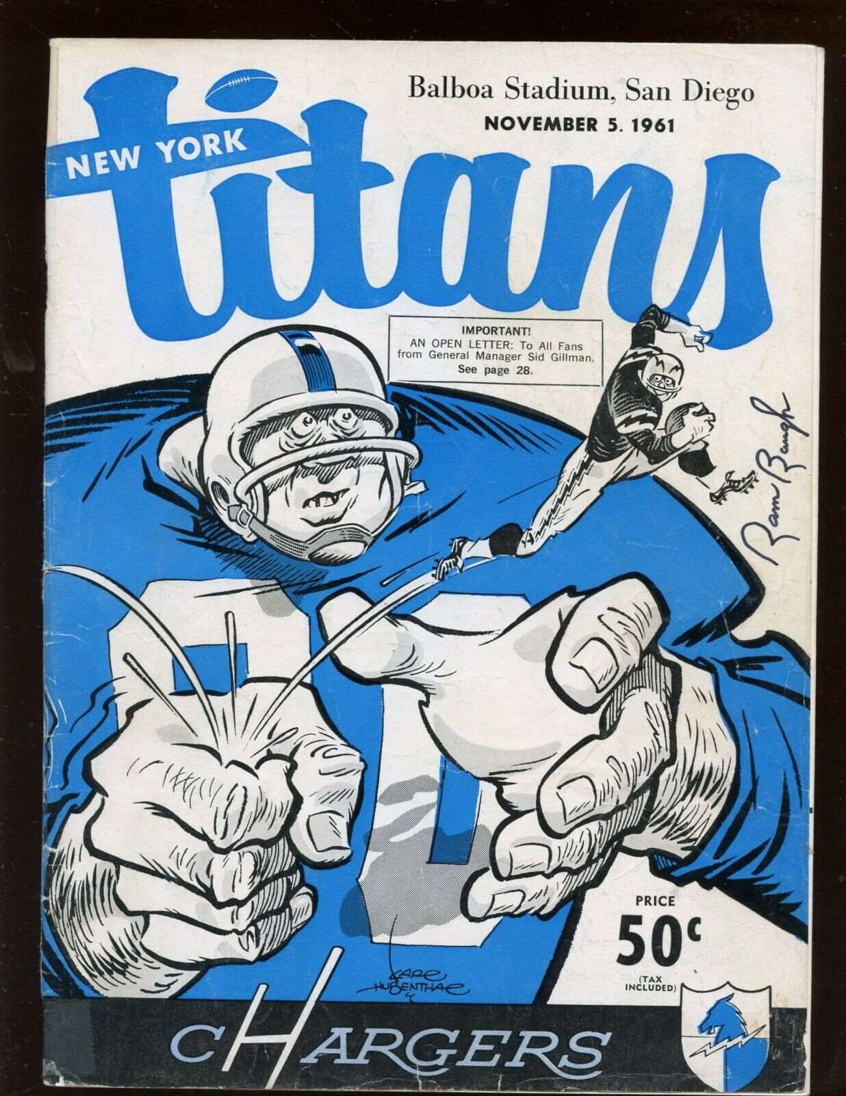 11-5 1961 AFL Program New York Titans at SD Chargers Sam Baugh Autograph VG