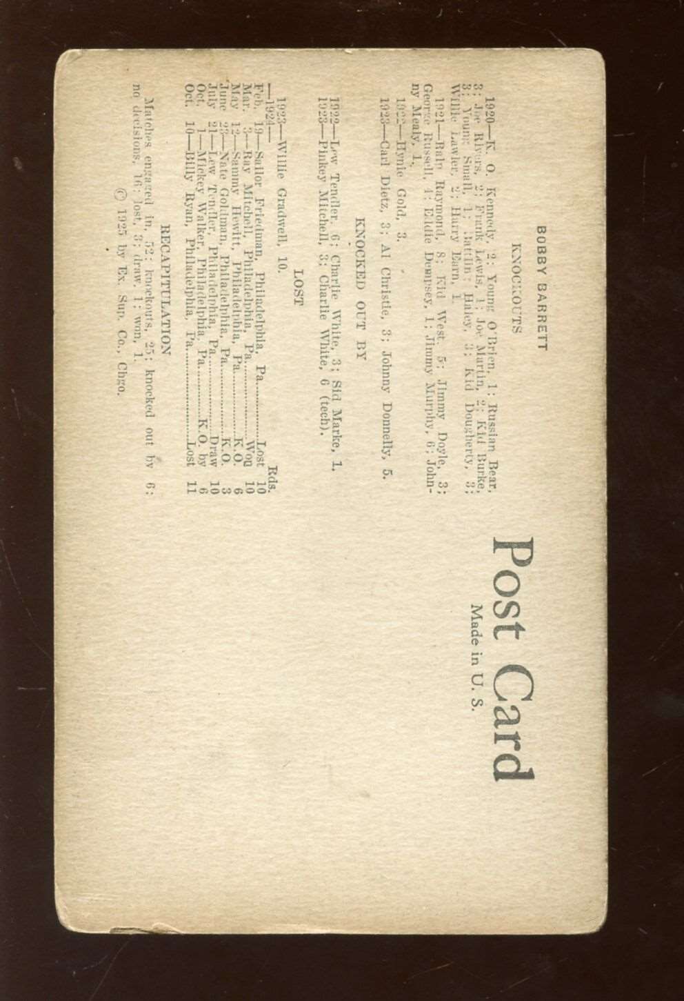 1925 dated Exhibit Supply Boxing Post Card Bobby Barrett