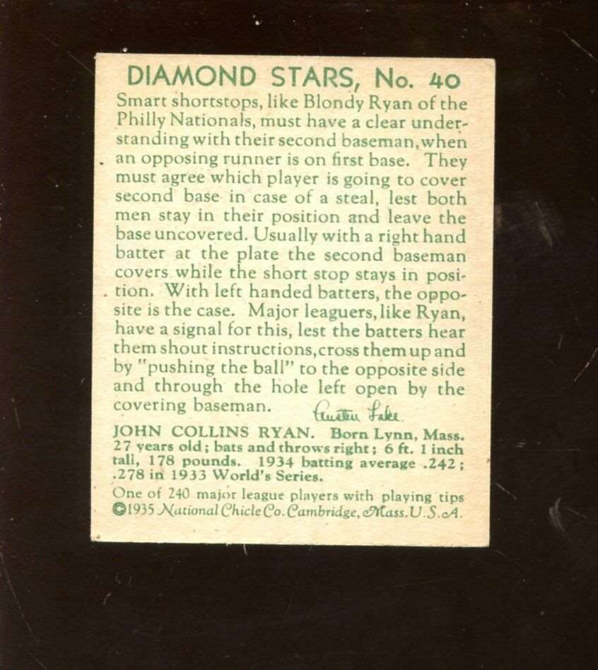 1935 Diamond Star Baseball Card #40 Blondy Ryan EXMT